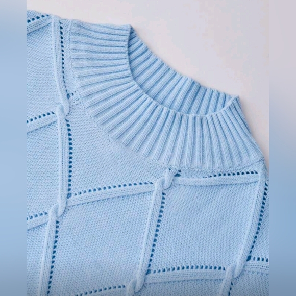 New Pointelle Cable Knit Sweater Top Long Sleeve Light Blue - Picture 6 of 10